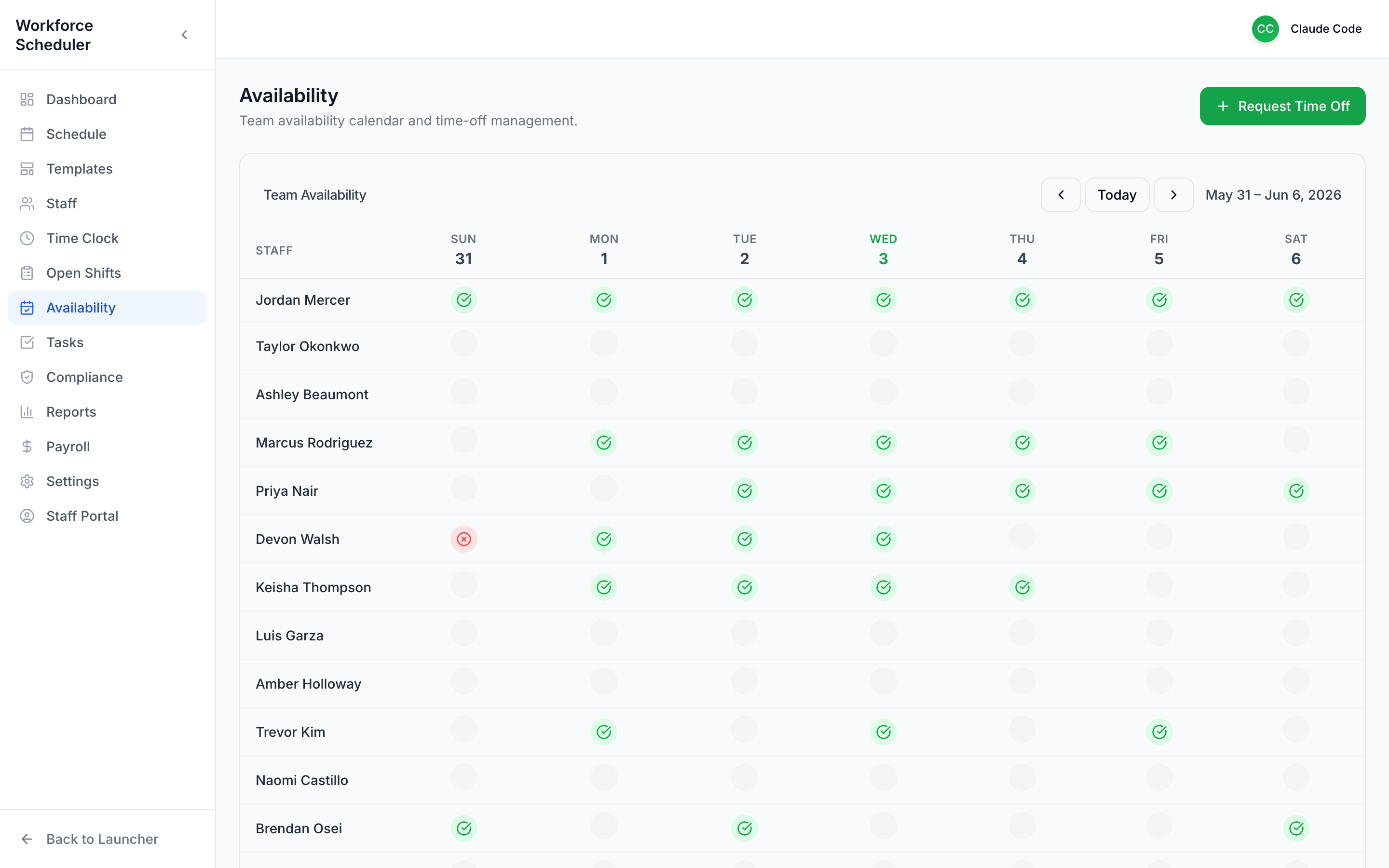 Team availability calendar