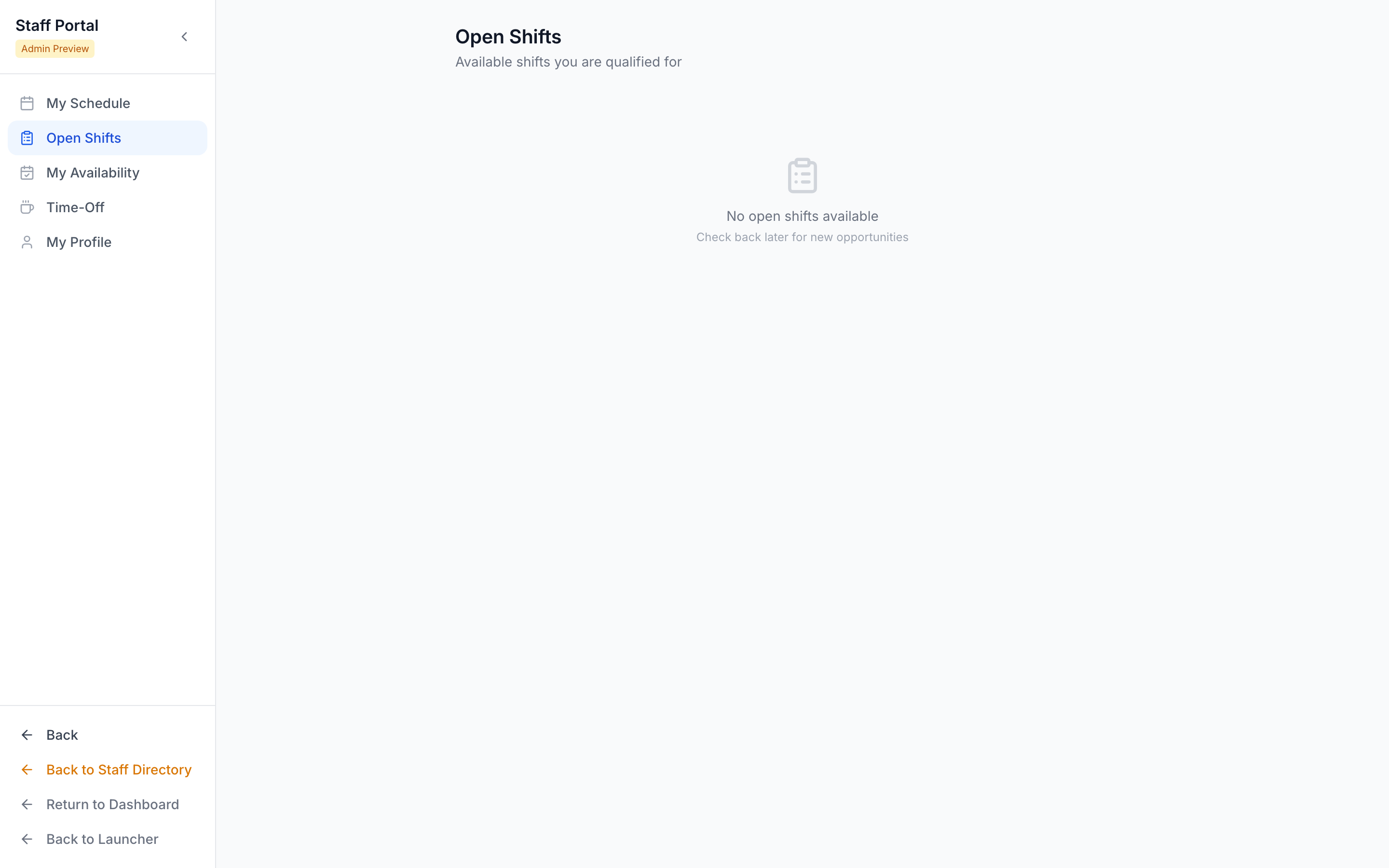 Staff Portal — open shifts