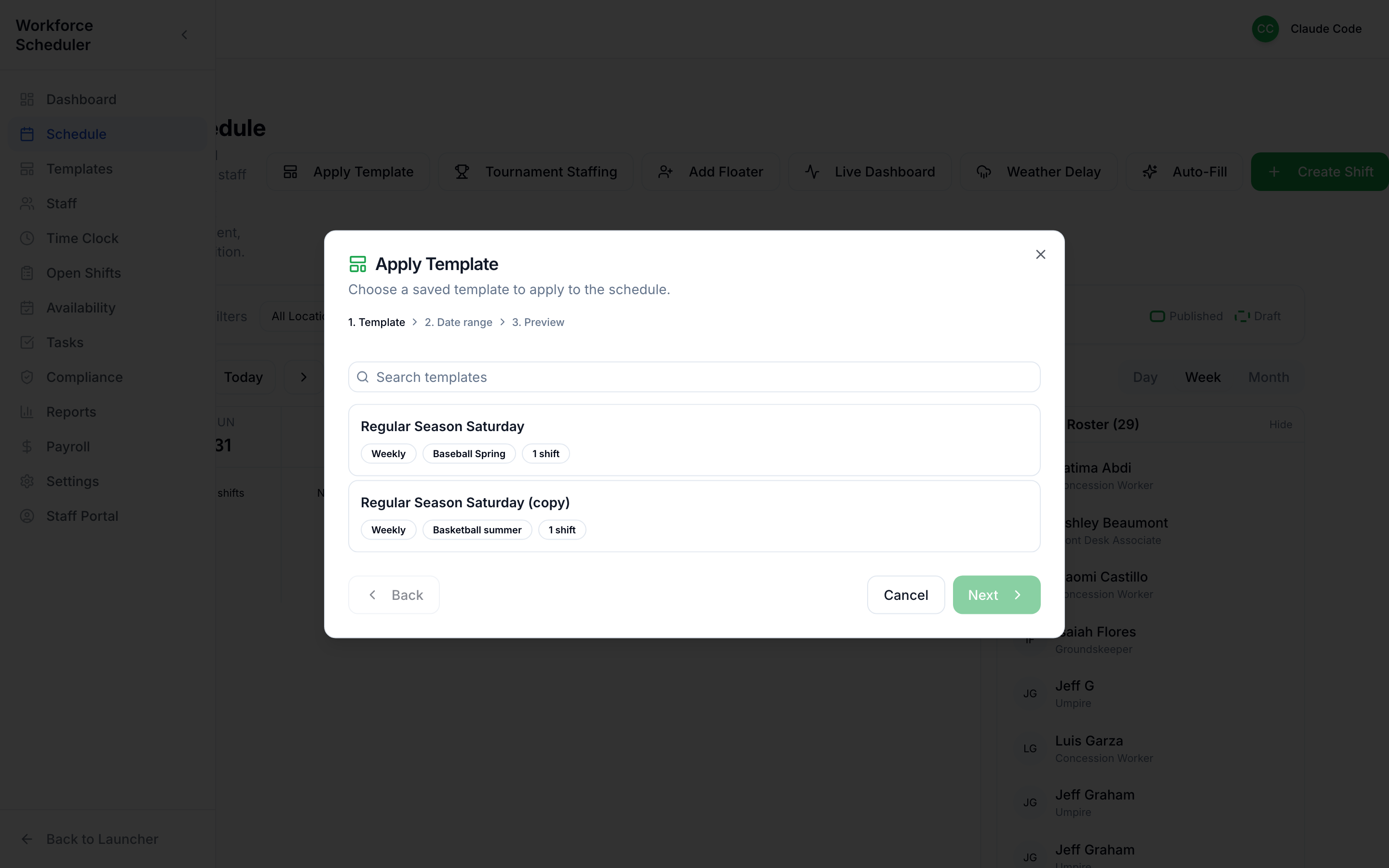 Applying a template to the schedule