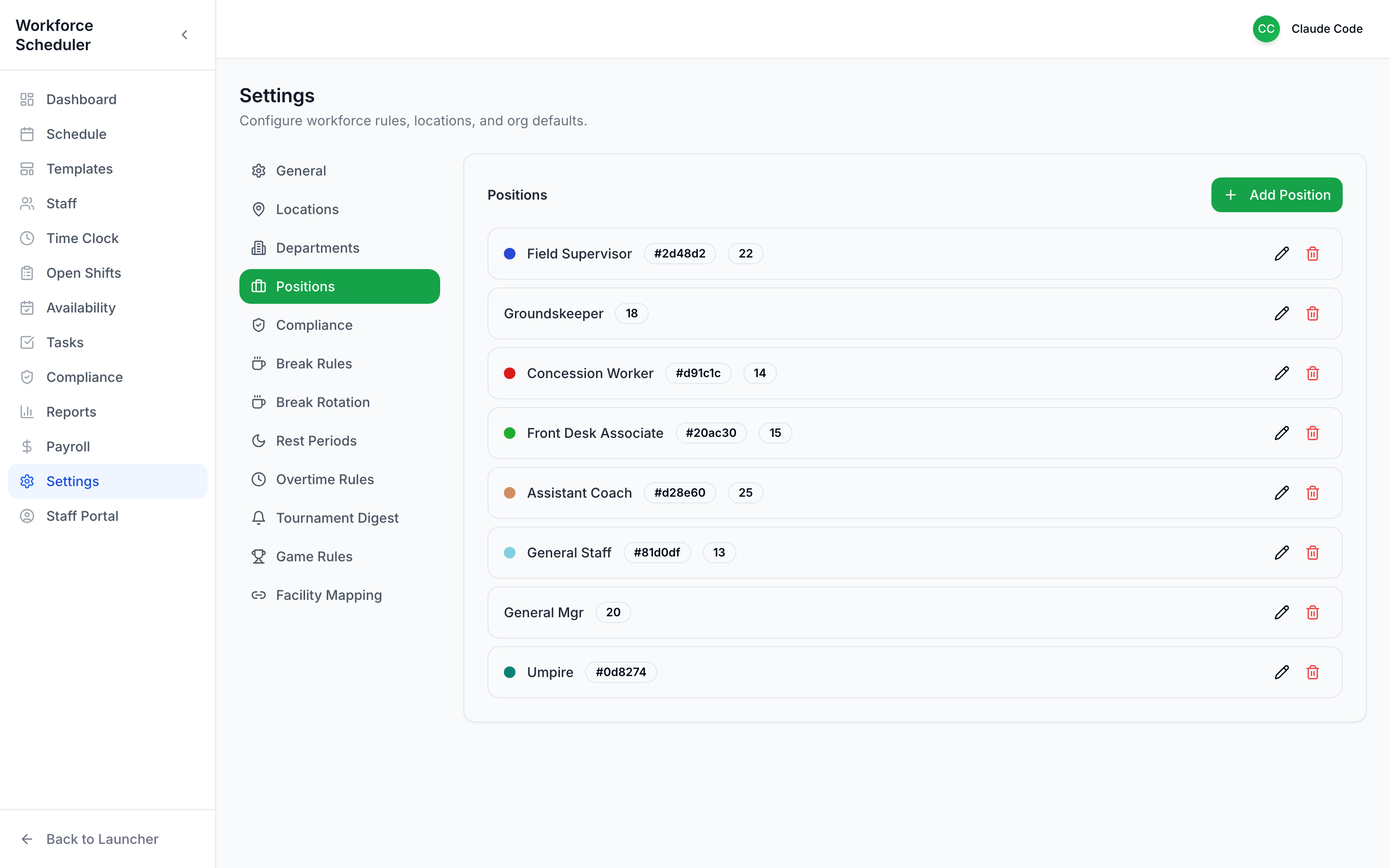 Settings — Positions